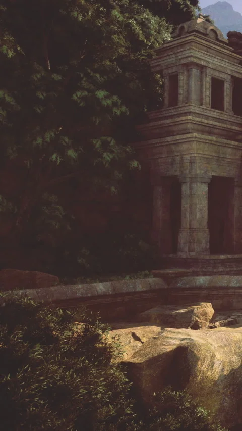 Whispers of an ancient temple under moonlight amidst serene nature Stock Footage 335451330