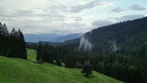 Whispy clouds slowly rising over a green valley in Switzerland - aerial Video stock 284947497