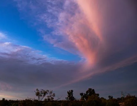 Whispy Pink Cloud Formation Over Outback Trees at Sunset Stock Photos