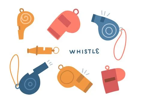 Whistle icon set. Flat hand drawn collection of whistle icons for web design Stock Illustration