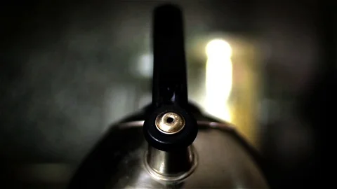 Whistling Kettle boiling in the Kitchen. Close Up. Vidéo 80818041