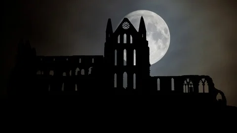 Whitby Abbey Castle which Inspired the Famous Novel Dracula, by Night, England Stock Footage 102644425