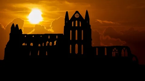 Whitby Abbey Castle which Inspired the Famous Novel Dracula at Sunset, England Stock Footage 102644484