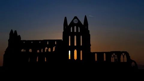 Whitby Abbey at Sunset, Ruined Gothic Church of Famous Novel Dracula Stock Footage 111414941