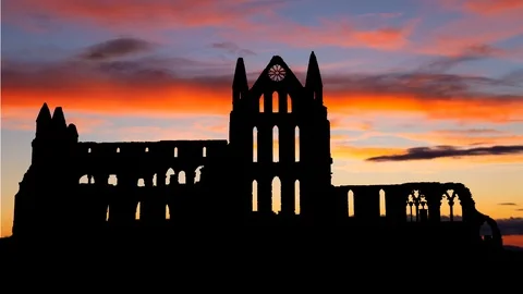 Whitby Abbey at Twilight, Ruined Gothic Church which Inspired the Novel Dracula Stock Footage 111415005