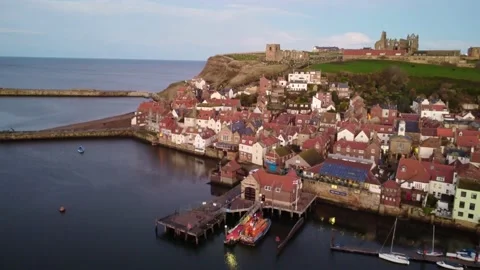 Whitby clifftops by Drone Stock Footage 220960807