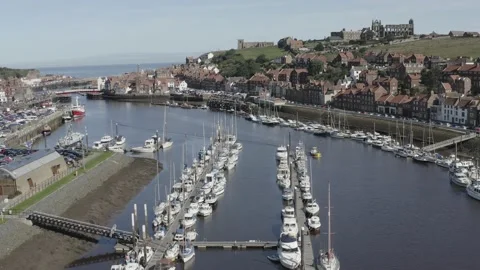 Whitby drone shot over River Esk with boats in harbour Stock Footage 239094999