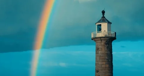 Whitby Lighthouse Rainbow Stock Footage 94742772