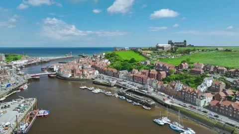 Whitby over River Esk from a drone, North Yorkshire, England Vídeo Stock 277614317