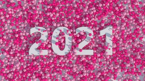 White 2021 typography design. Pink glossy balls. 3d render. Stock Illustration