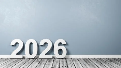 White 2026 Number Text Shape on Wooden Floor Against Grey Wall with Copyspace Stock-Illustration