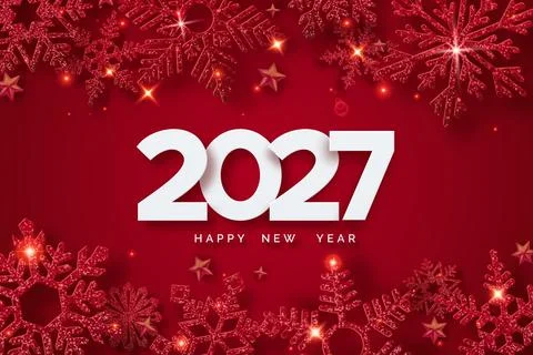 White 2027 numbers appear on red background surrounded by glittering snowfl.. Stock Illustration