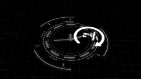 White 24/7 Circular Interface with Clock and Arrow on Black Grid time futur.. Stock Footage 340998245