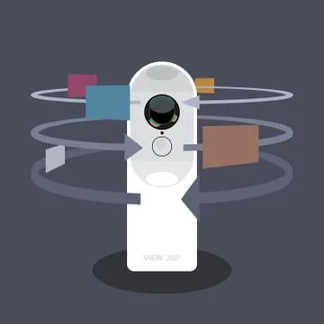 A white 360 degree camera video recorder with apps and functions icons. Stock Illustration