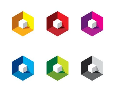 White 3D 3 Dimensional cube inside colorful hexagon box with light and shadow Stock Illustration