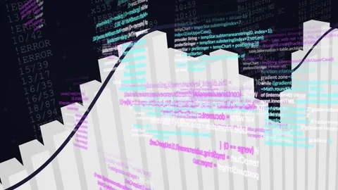 White 3D bar chart revealing peaks as camera panning, sine curve tracing, code Stock Footage 332591910