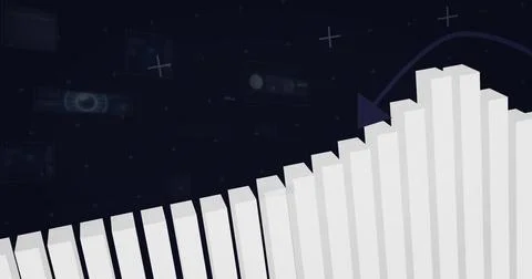 White 3D bars forming ascending bar chart in grid backdrop, with curved arrow, Stock Illustration