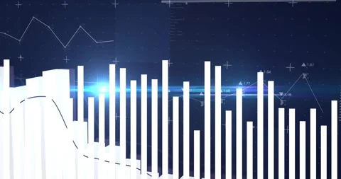 White 3D bars rising across grid with neon blue flare while line graph weaving 動画素材 307465036