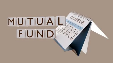White 3D blocks spell "MUTUAL FUND" beside a calendar. Ilustração Stock