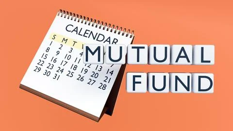 White 3D blocks spell "MUTUAL FUND" beside a calendar. Ilustração Stock