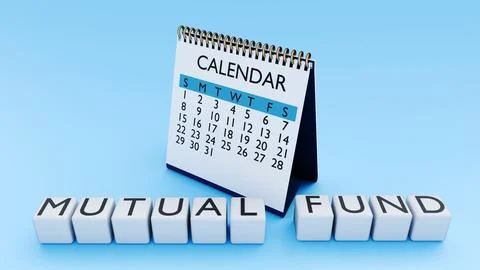 White 3D blocks spell "MUTUAL FUND" beside a calendar. Ilustração Stock