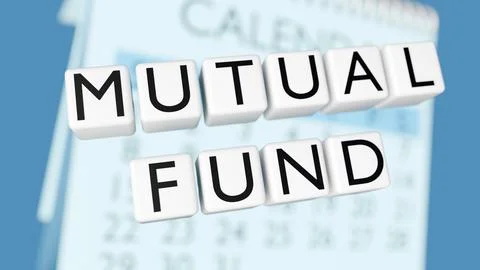 White 3D blocks spell "MUTUAL FUND" beside a calendar. Ilustração Stock