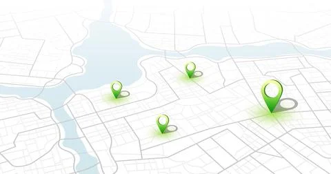 White 3D city map with green location pins and river. Vector illustration. Stock Illustration