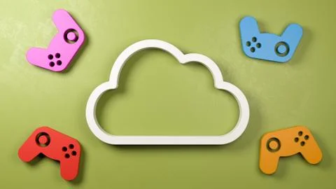 White 3D Cloud Symbol Shape with Colorful Gamepad Controllers Outside on a Gr Stock Illustration