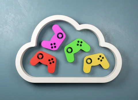 White 3D Cloud Symbol Shape with Colorful Gamepad Controllers Inside on a Blu Stock Illustration