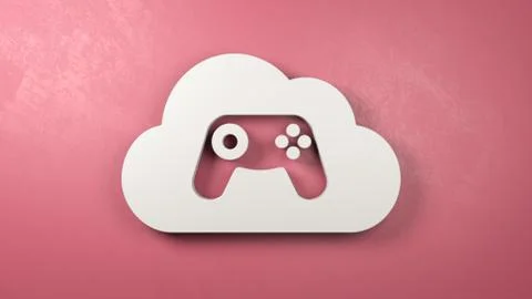 White 3D Cloud Symbol Shape with Gamepad Controller Inside on a Red Wall 3D I Stock Illustration