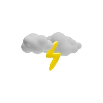 White 3d clouds with yellow glowing lightning bolt icon, vector cartoon weather Stock Illustration