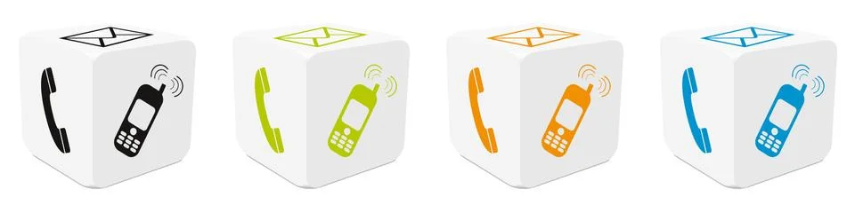 White 3D Cubes Set with Colored Mapped Icons - Telephone, E-Mail, Mobile Phon Stock Illustration