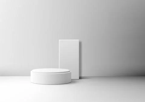 White 3D Cylindrical Podium with Rectangular Backdrop for Product Display a.. Stock Illustration
