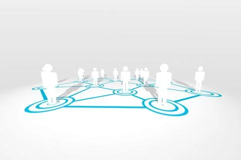 White 3D figures are standing on blue nodes linking via lines, casting shadows Stock Photos