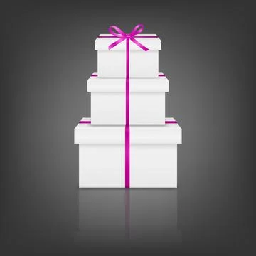 White 3d Gift Boxes Stack with Pink Ribbon Bow. Vector Present Pile on Black Stock Illustration