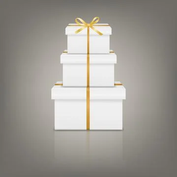 White 3d Gift Boxes Stack with Golden Ribbon Bow. Vector Present Pile on Black Stock Illustration