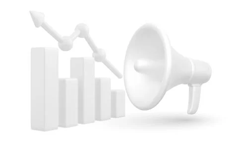 White 3d growing bars graphic with rising arrow and megaphone. Vector illustr Stock-Illustration