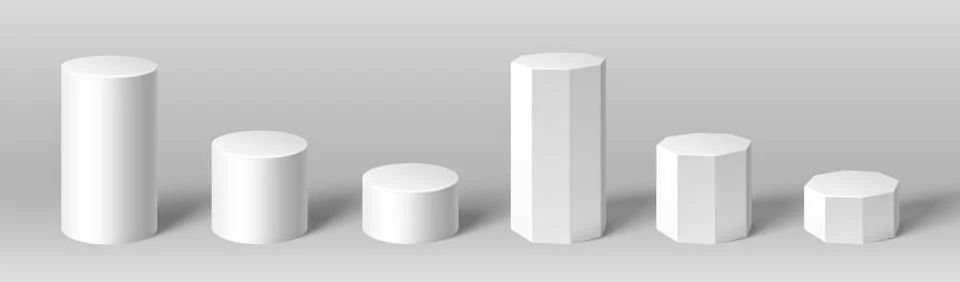 White 3d hexagonal and cylindrical podiums set Stock Illustration
