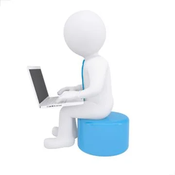 White 3d man working at his laptop Illustrazione stock