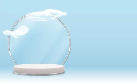 White 3d pedestal background with Silver Glass Ring Frame, realistic clouds.  Illustrazione stock