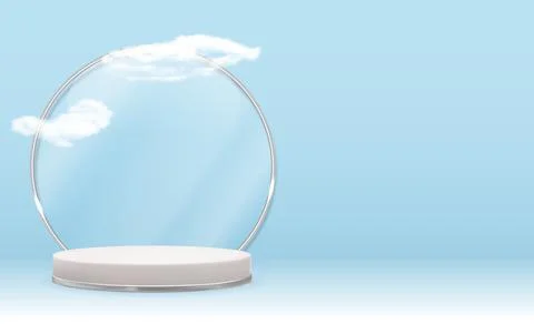 White 3d pedestal background with Silver Glass Ring Frame, realistic clouds.  Illustrazione stock