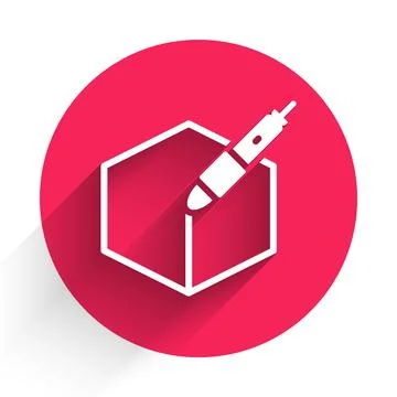 White 3d pen tool icon isolated with long shadow. Red circle button. Vector Stock Illustration