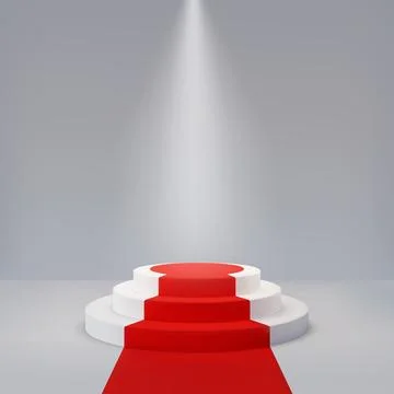 White 3D podium with steps and a red carpet, round shape, spotlight, gray studio Stock Illustration