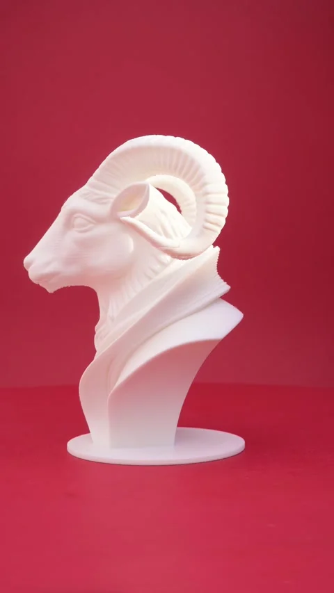A white 3D printed ram head sculpture as a mascot for the Year of the Sheep 스톡 동영상 347015052