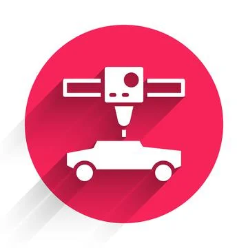 White 3D printer car icon isolated with long shadow. 3d printing. Red circle Stock Illustration