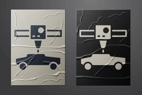 White 3D printer car icon isolated on crumpled paper background. 3d printing. Stock Illustration