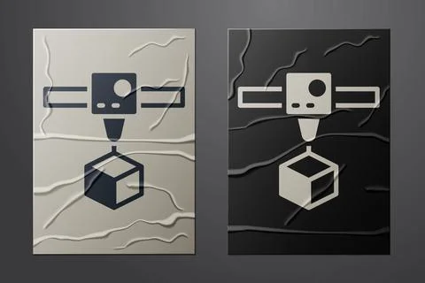 White 3D printer cube icon isolated on crumpled paper background. 3d printing Stock Illustration