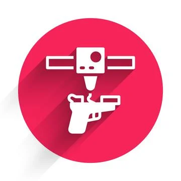 White 3D printer gun icon isolated with long shadow. 3d printing. Red circle  Stock Illustration