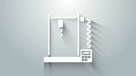 White 3D printer icon isolated on grey background. 4K Video motion graphic Stock Footage 145861037