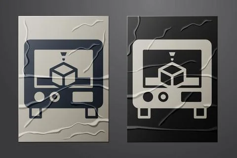 White 3D printer icon isolated on crumpled paper background. 3d printing. Paper Illustrazione stock